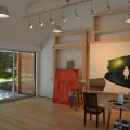 Studio interior, easel and glazed wall